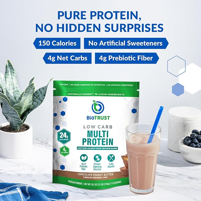 BioTrust Low Carb Protein Powder – Delicious Whey & Casein Blend from Grass-Fed Hormone Free Cows – Non GMO, Gluten Free (Chocolate Peanut Butter)