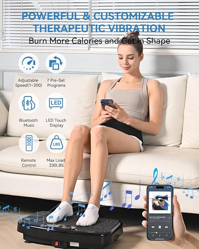 Vibration Plate Exercise Machine, Vibrating Plate Platform for Lymphatic Drainage with 200 Adjustable Speeds, Power Vibration Plate for Weight Loss & Fitness, Supports Max Weight 450 Lbs