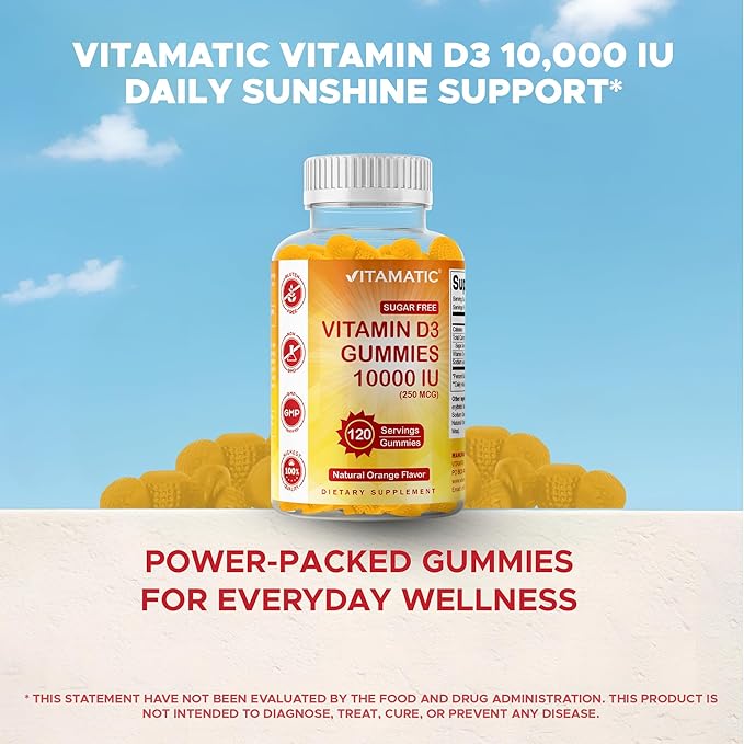 Vitamatic Sugar Free Vitamin D3 10000 IU - 120 Pectin Based Gummies - Great Taste - Healthy Bones, Mood & Immune System Function - Non-GMO - 120 Servings