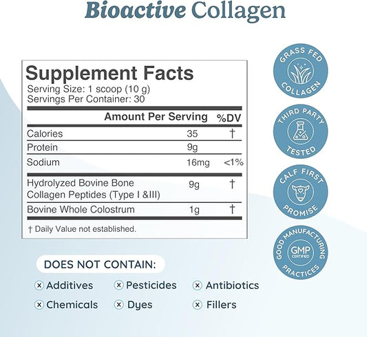 WONDERCOW Collagen Peptides Powder w/Bovine Colostrum, Naturally-Sourced Hydrolyzed Bone Collagen Powder, Hair Skin Nail & Joint Support,Type I & III Grass-Fed Collagen Supplements for Women & Men