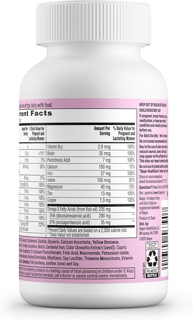 One A Day Prenatal Vitamins- Folic Acid, Iron, Omega- 3 (DHA), Pregnancy Vitamins for Women, Prenatal Multivitamin for Mom and Baby Support, Pregnancy Must Haves 90 Ct (Packaging May Vary)