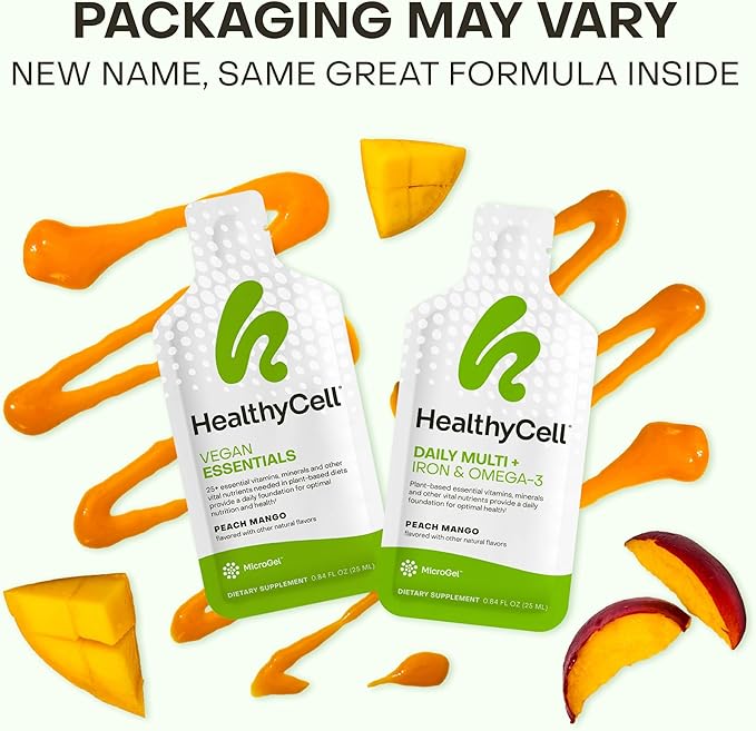 Healthycell Vegan Daily Multivitamin Liquid Supplement with Iron and Omega-3, 25+ Essential Vitamins, Minerals & Nutrients for Brain & Heart Health, Immune Support & Energy - 30 Gel Packs