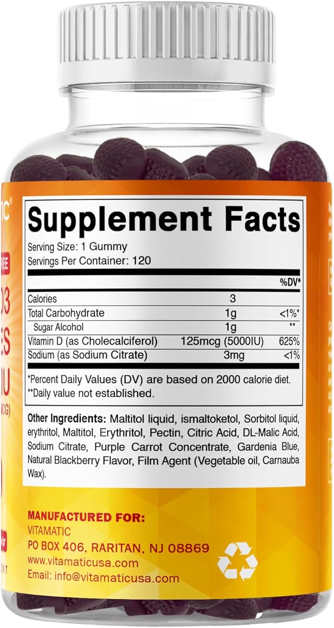 Vitamatic Sugar Free Vitamin D3 5000 IU - 120 Gummies - Great Taste - Healthy Bones, Mood & Immune System Function - Non-GMO - 120 Servings (5000 IU)