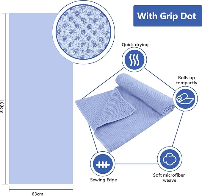 Hot Yoga Towel - Microfiber Non Slip Yoga Mat Towel with Grip Dot Sweat Absorbent Towel for Hot Yoga, Pilates and Fitness 72" x 24", Blue