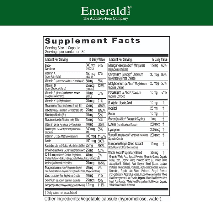 EMERALD LABS Complete 1-Daily Multi - Complete Multivitamin for Men & Women with Vitamin C, Methylated Folate, Whole-Food Blend & More for Immune Support, Bone Health & More* - 30 Vegetable Capsules
