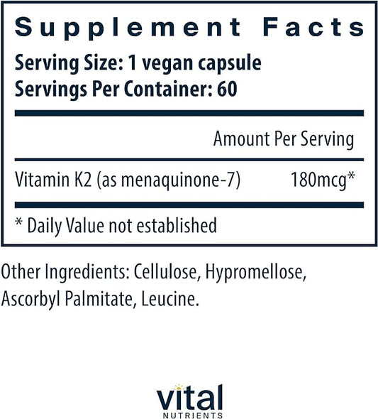 Vital Nutrients Vitamin K2-7 | Promotes Cardiovascular, Heart, Bone Health* | Vitamin K2 + MK7 | Vegan Vitamin K Supplement | Gluten, Dairy, Soy Free | Non-GMO | 60 Capsules