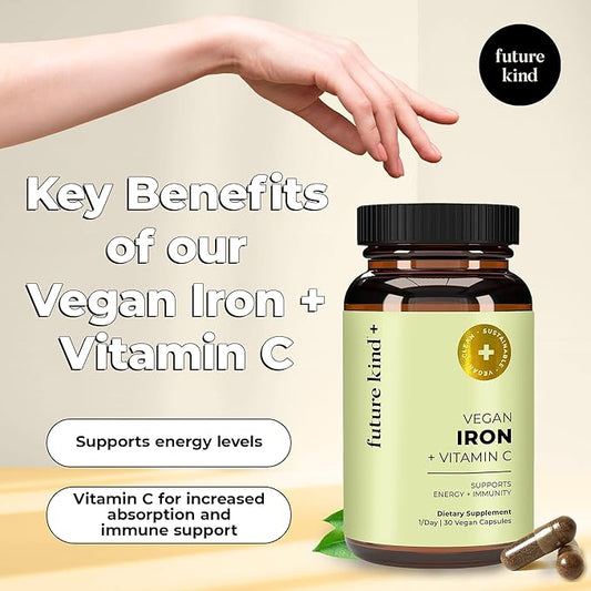 Future Kind Vegan Iron Supplement for Men & Women with Vitamin C for Energy, Focus and Immunity Support - 30-Day Supply, One Capsule a Day (30ct in Glass Bottle)