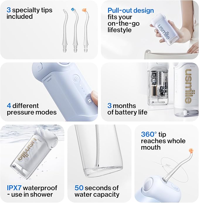 usmile C10 Portable Water Flosser – Travel-Friendly, 95-Day Battery, 4 Modes, 360° Nozzle, 180ml Tank, IPX7 Waterproof, Dentist-Recommended for Braces, Implants & Sensitive Gums (White)