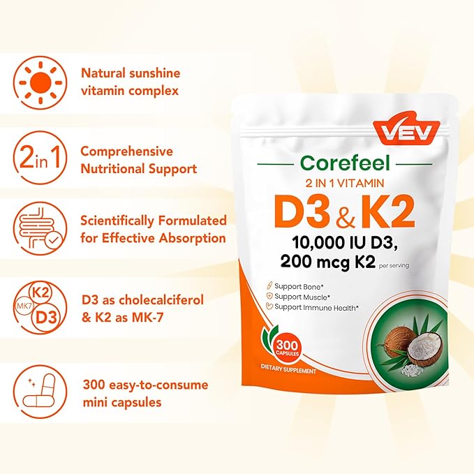 VEV Corefeel Vitamin D3 K2, 10,000 IU D3, 200mcg K2 (with MK7), Supports Bone and Teeth Health, Dual Nutrient Support for Daily Wellness, Easy to Swallow – 300 Capsules