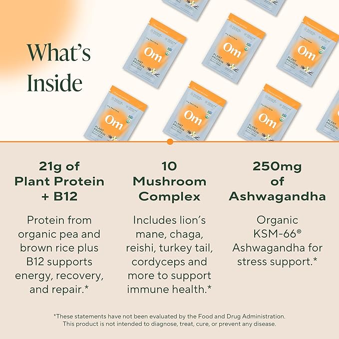 Om Master Blend Vegan Protein Powder, Vanilla, 21g of Plant Protein - Organic Mushroom Supplement with 10 Mushroom Complex, Ashwagandha, BCAAs and Vitamin B12 - Single Serve (10 Count)