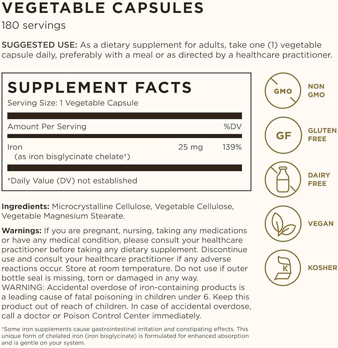Solgar Gentle Iron, 180 Vegetable Capsules - Ideal for Sensitive Stomachs - Non-Constipating - Red Blood Cell Supplement - Non GMO, Vegan, Gluten-Free, Dairy Free, Kosher - 180 Servings