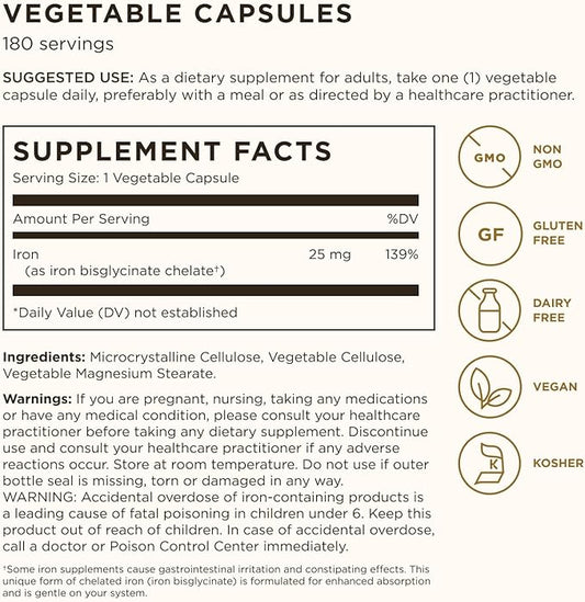 Solgar Gentle Iron, 180 Vegetable Capsules - Ideal for Sensitive Stomachs - Non-Constipating - Red Blood Cell Supplement - Non GMO, Vegan, Gluten-Free, Dairy Free, Kosher - 180 Servings