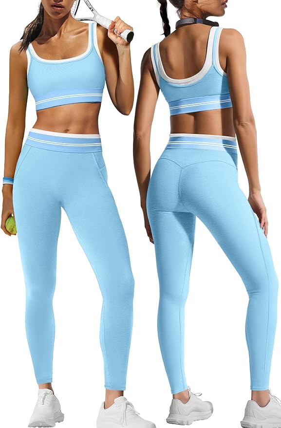 Panadila Womens Yoga Set 2 Piece Outfits Striped Workout Set Gym Matching Sports Bra and High Waist Leggings Activewear