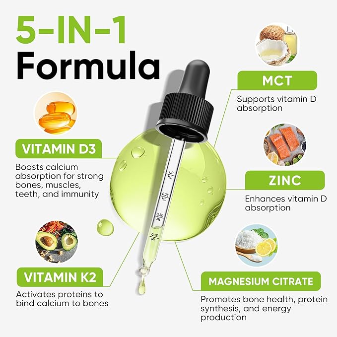 Venture Pal 5-in-1 Vitamin D3 10000 IU & K2 as MK-7 200mcg with Magnesium, MCT Oil, Zinc, Sugar-Free Vitamin D Liquid |Maximum Absorption for Bone, Mood & Immune Health - 2 FL OZ, 60 Days