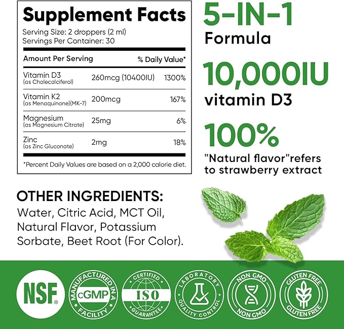 Venture Pal 5-in-1 Vitamin D3 10000 IU & K2 as MK-7 200mcg with Magnesium, MCT Oil, Zinc, Sugar-Free Vitamin D Liquid |Maximum Absorption for Bone, Mood & Immune Health - 2 FL OZ, 60 Days
