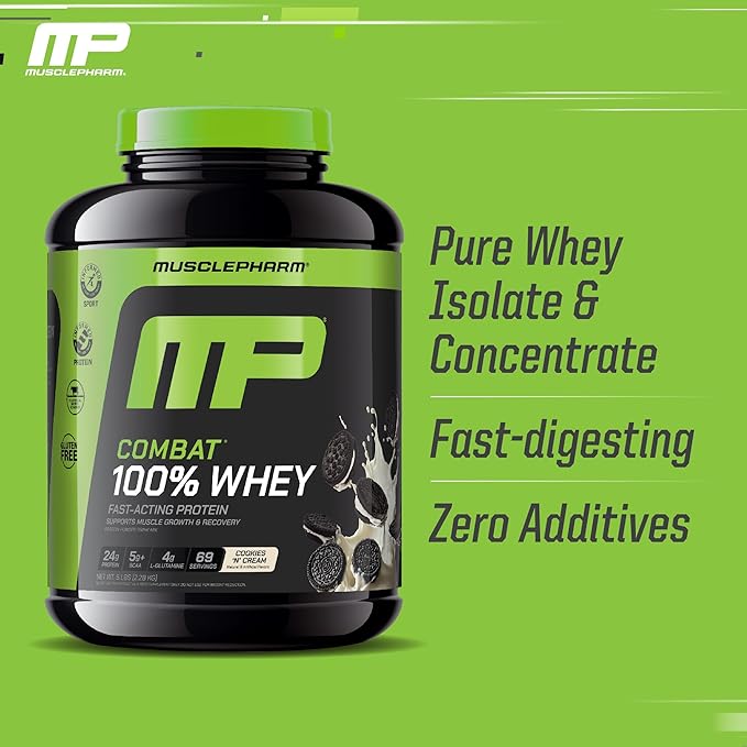MusclePharm Combat 100% Whey Protein Powder, Cookies ‘N’ Cream Flavor, Fast Recovery & Muscle Gain with Whey Protein Isolate, High Protein Powder for Women & Men, Gluten Free, 5 lb, 69 Servings
