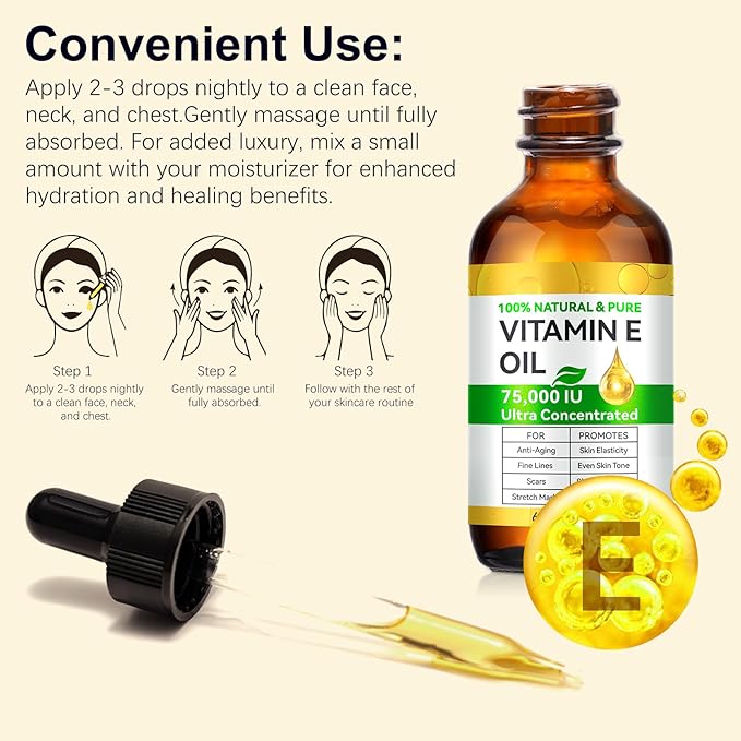 Tiuedu 2PCS Natural Vitamin E Oil for Skin, 75,000 IU Ultra Concentrated Vitamin E Oil for Face, Hair and Scars, Moisturizing Dry Skin Oils, Promotes Skin Elasticity