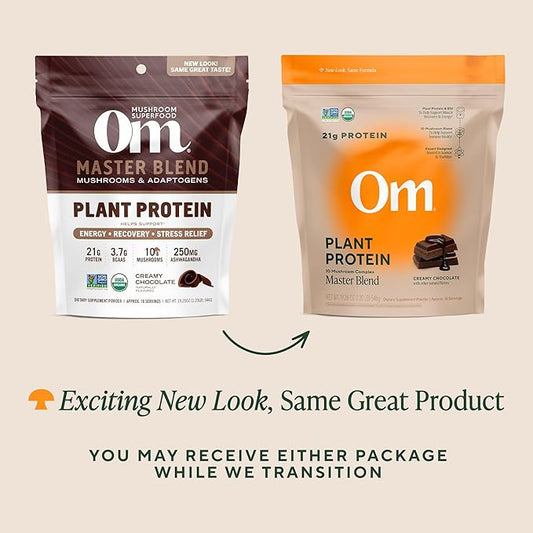 Om Master Blend Vegan Protein Powder, Chocolate, 21g of Plant Protein - Organic Mushroom Supplement with 10 Mushroom Complex, Ashwagandha, BCAAs and Vitamin B12-1.2 lb. (16 Servings)