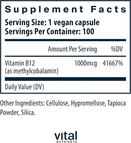 Vital Nutrients Vitamin B12 1000mcg - Vegan - Methylcobalamin for Metabolism, Cognitive & Nervous System Health* - High-Potency B12 Supplement - Gluten, Dairy, Soy Free - 100 Capsules