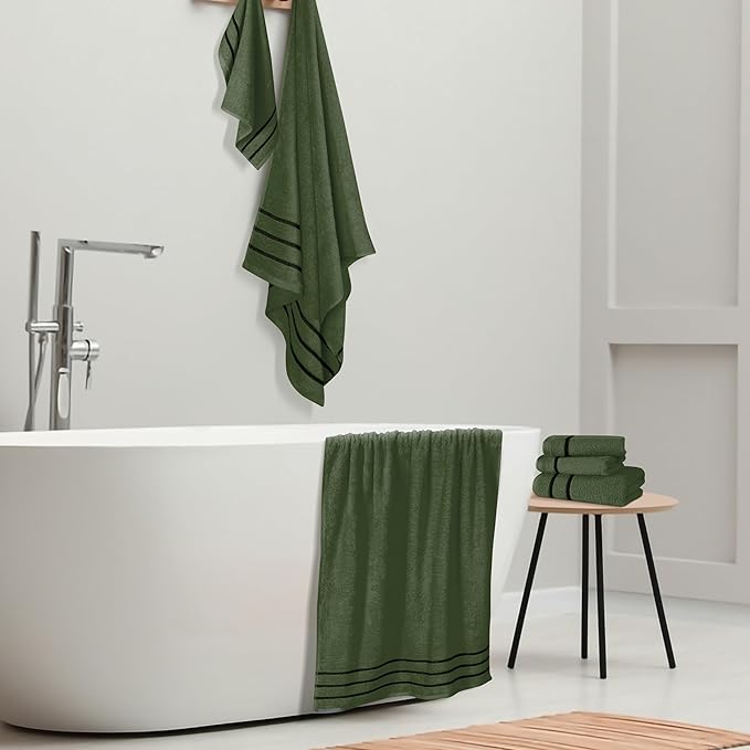 MyOwn Ultra Soft 6 Pack Cotton Towel Set, Contains 2 Bath Towels 28x55 inch, 2 Hand Towels 16x24 inch & 2 Wash Coths 12x12 inch, Ideal Everyday use, Compact & Lightweight - Olive Green, 71657