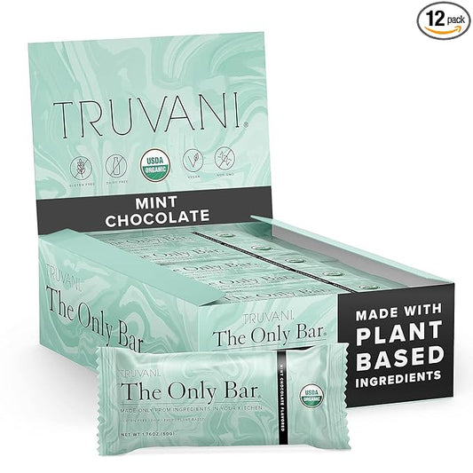 Truvani Plant Based Snack Bars | Chocolate Mint 12 Pack | 7g Protein | USDA Organic and Vegan | The Only Bar | Dairy, Soy, and Gluten Free | Individually Wrapped