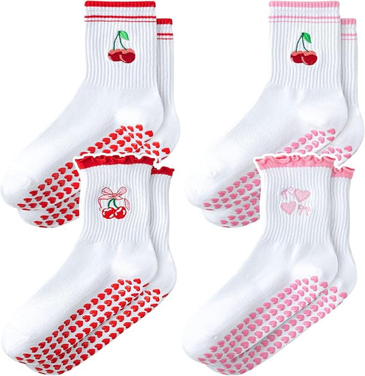 ZFiSt Pilates Socks with Grips for Women,4Pairs Ruffle Yoga Sock Cute Cotton Grippy Socks for Barre Workout Non Slip 5-10in