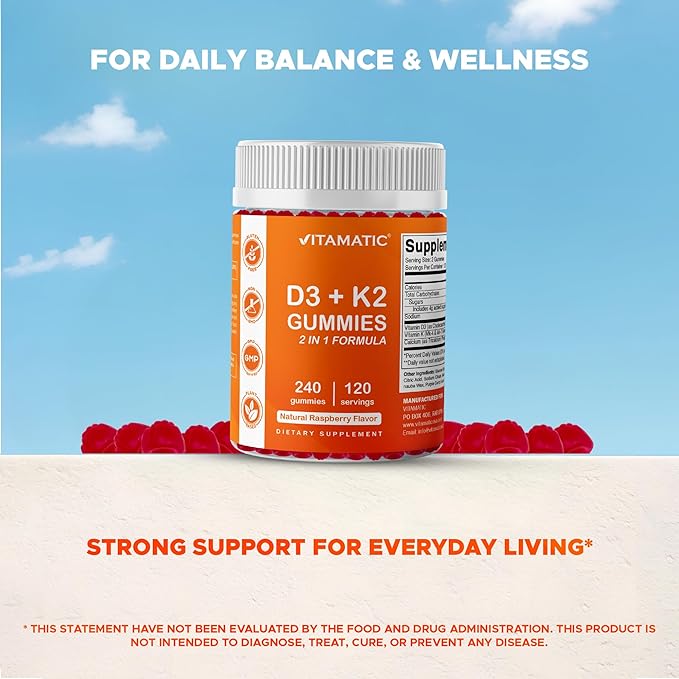 Vitamatic Vitamin D3 K2 with Calcium Gummies - 240 Count - Non-GMO, Gluten Free