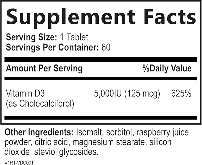 Built by Nature Chewable Vitamin D3 5000 IU - Vitamin D Supplement Chews – Sugar Free & Natural Berry Flavor - 60 Tablets