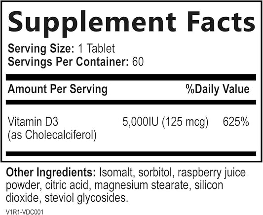 Built by Nature Chewable Vitamin D3 5000 IU - Vitamin D Supplement Chews – Sugar Free & Natural Berry Flavor - 60 Tablets