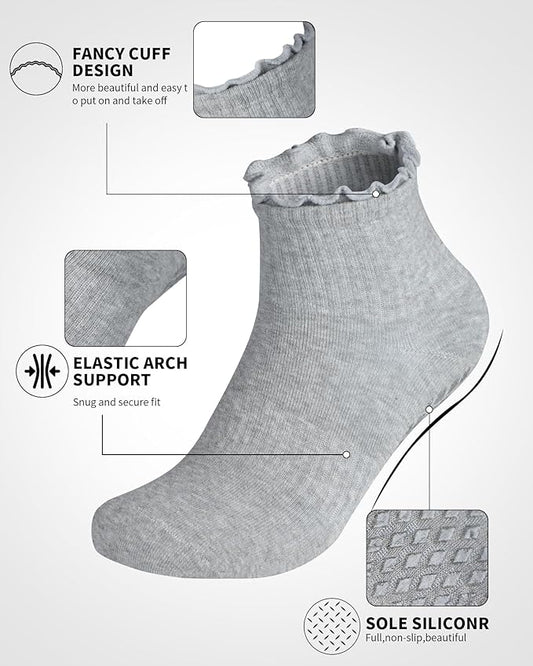Non Slip Grip Yoga Socks for Women Breathable Cute Ruffle Ankle Socks for Yoga, Pilates, Barre Workouts