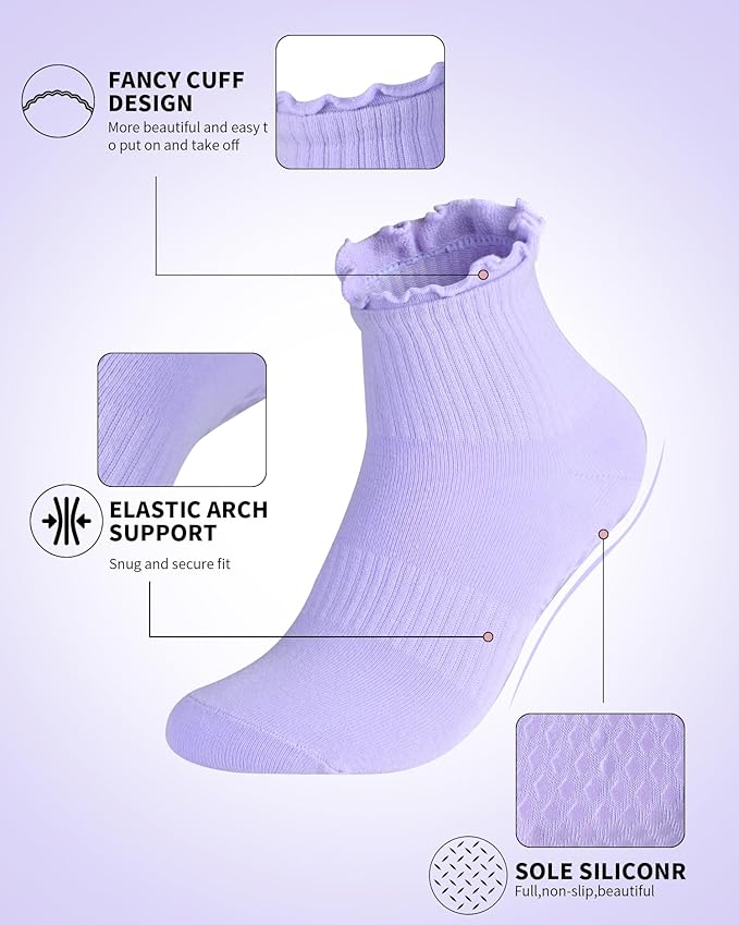 Non Slip Grip Yoga Socks for Women Breathable Cute Ruffle Ankle Socks for Yoga, Pilates, Barre Workouts
