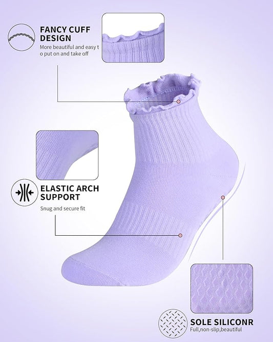Non Slip Grip Yoga Socks for Women Breathable Cute Ruffle Ankle Socks for Yoga, Pilates, Barre Workouts