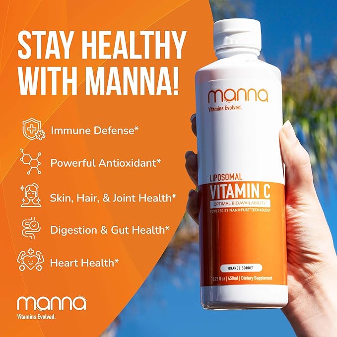 Manna Vitamins Evolved - Liposomal Vitamin C – High Absorption Liquid Immune Support Supplement with Antioxidants – Collagen Booster for Skin, Joints, Heart & Aging – Non-GMO, Vegan, 1000mg