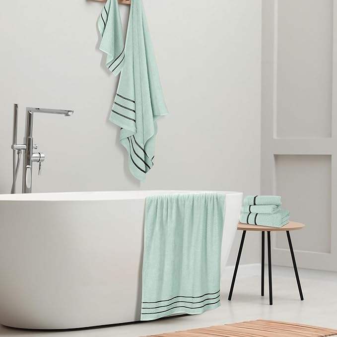 MyOwn Ultra Soft 6 Pack Cotton Towel Set, Contains 2 Bath Towels 28x55 inch, 2 Hand Towels 16x24 inch & 2 Wash Coths 12x12 inch, Ideal Everyday use, Compact & Lightweight - Sea Green, 71656