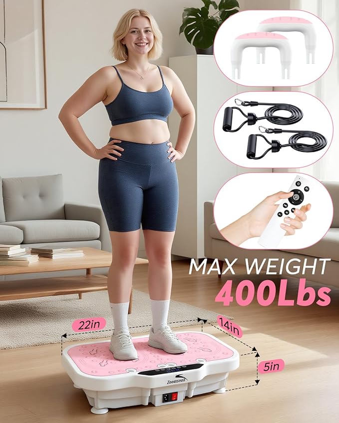 Vibration Plate Exercise Machine, 8000 Vibrations/min Adjustable Fitness Platform, 400 Lbs Capacity Whole Body Workout Extra Large Size Platform with Bluetooth for Weight Loss, Women & Men