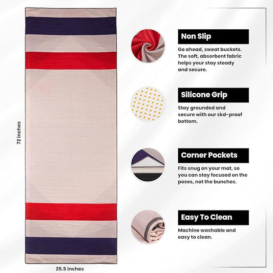 Yoga Grip Yoga Towel - Non Slip Hot Yoga Mat Towel With Corner Pockets, No-Skid Grip, and Built-in Alignment Lines | Soft, Moisture Wicking, and Sweat Absorbent | No Bunching, Stays in Place 72" x 25"