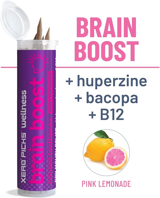 Xero Picks Wellness - Infused Flavored Toothpicks - Dry Mouth Prevention - 60 Picks - 3 Pack - Pink Lemonade - Brain Boost - Huperzine, Bacopa, B12