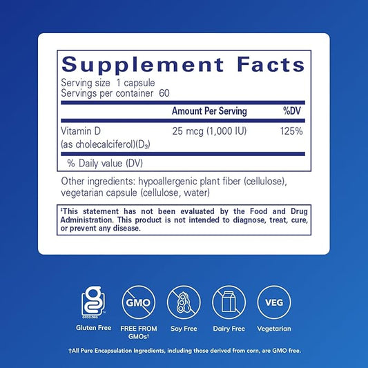 Pure Encapsulations Vitamin D3 25 mcg (1,000 IU) - Supplement to Support Bone, Joint, Breast, Heart, Colon & Immune Health - with Premium Vitamin D - 60 Capsules