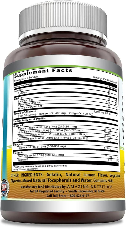 Amazing Omega 3.6.9 Supplement | 1200 Mg | Lemon Flavor | Unique Formula of Flaxseed Oil, Borage Oil, Fatty Acids | Non-GMO | Gluten-Free | Made in USA (1 Pack | 250 Softgels)