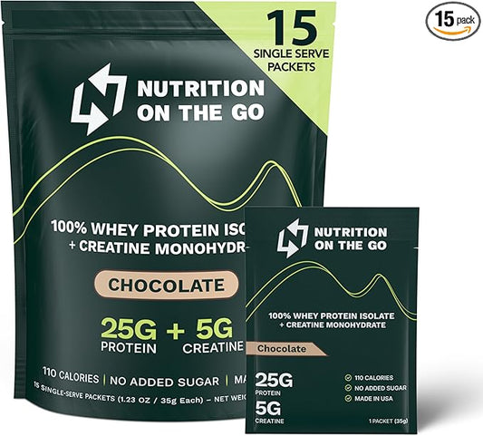 Nutrition On The Go Whey Protein Isolate Packets with Creatine – 25g Protein + 5g Creatine – Single-Serve Travel Protein Powder – Chocolate (15-Pack)