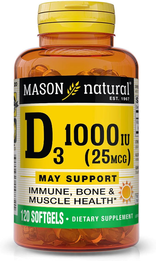 MASON NATURAL Vitamin D3 25 mcg (1000 IU) - Supports Overall Health, Strengthens Bones and Muscles, from Fish Liver Oil, 120 Softgels