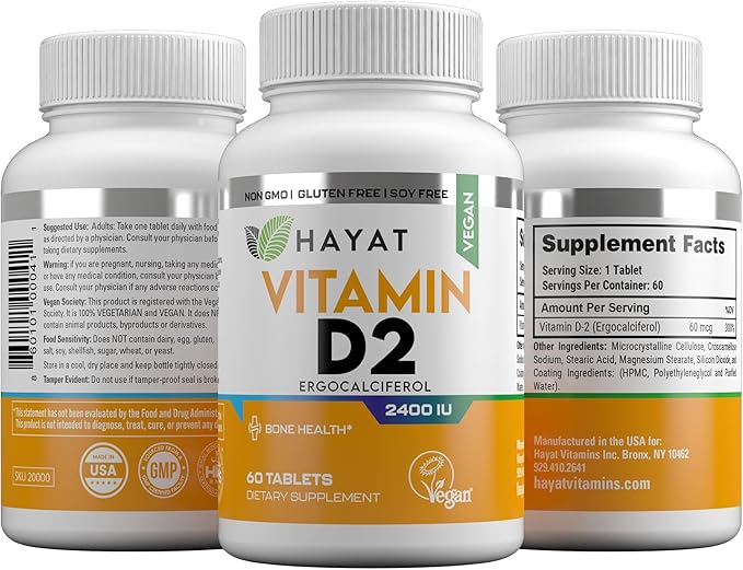 Vitamins Vegan Vitamin D2 2400 IU (60 MCG), Dietary Supplement for Bone, Teeth, Muscle and Immune Health Support, 2 Month Supply, All Natural, Certified Halal, 60 Tablets, Made in The USA