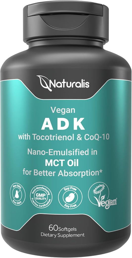 Vegan Vitamin ADK with 50mg Tocotrienol and CoQ-10 | Nano-Emulsified in EVOO for Better Absoprtion | Non-GMO, Soy Free and Vegan Society Certified | 60 Veggie Softgels (Carrageenan Free)