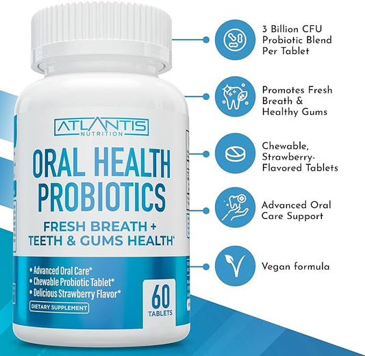 Atlantis Nutrition Oral Probiotics Chewable Tablet - Dental Probiotic for Gum Care & Teeth Care - Bad Breath Treatment for Adults - 3 Billion CFU Probiotic Blend - Strawberry Flavor - 60 Tablets
