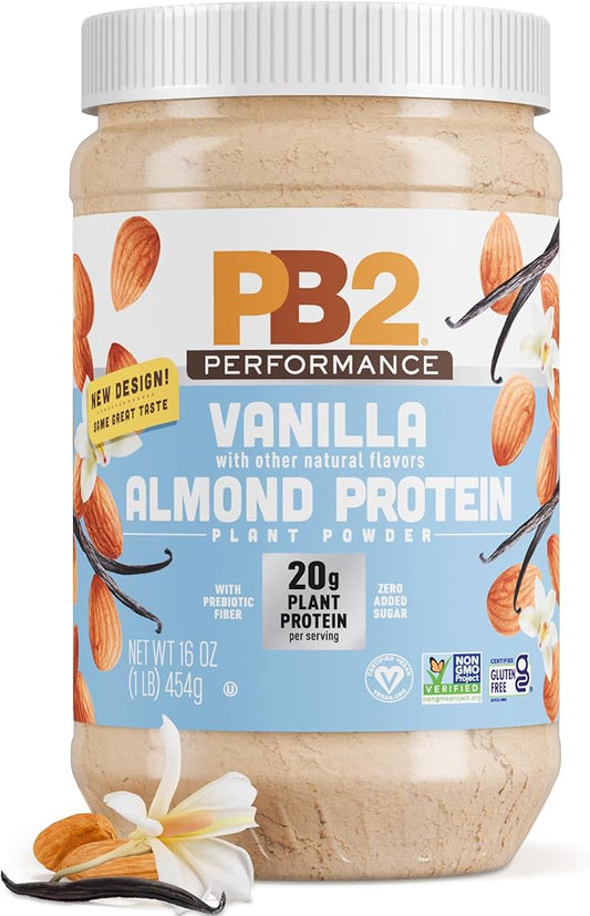 PB2 Performance Almond Plant Based Vegan Protein Powder | 20g Complete Protein, No Added Sugar, Prebiotic Fiber | Dairy Free, Certified Vegan, Non-GMO, Gluten Free [Almond w/Madagascar Vanilla, 1LB]