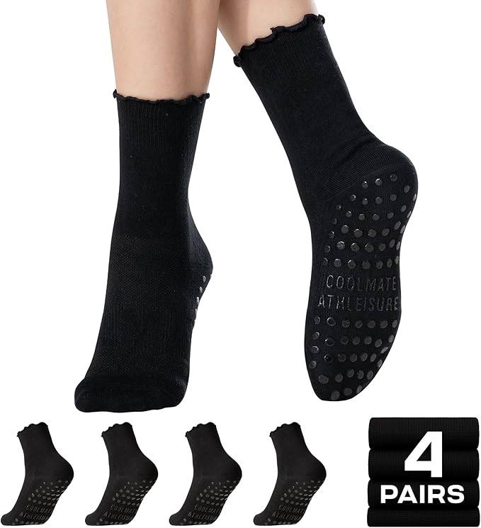 CoolMate 2/3/4 Pairs Pilates Socks with Grips for Women, Cute Yoga Socks, Crew Non Slip Women for Barre, Pilates Gifts