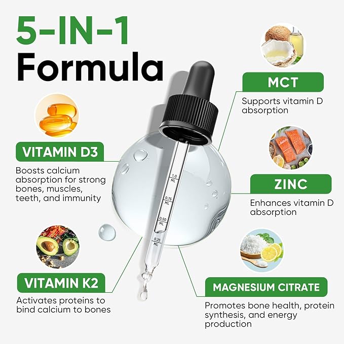 Venture Pal 5-in-1 Vitamin D3 10000 IU & K2 as MK-7 200mcg with Magnesium, MCT Oil, Zinc, Sugar-Free Vitamin D Liquid |Maximum Absorption for Bone, Mood & Immune Health - 2 FL OZ, 60 Days