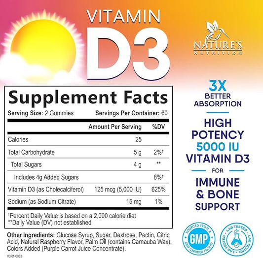 Vitamin D3 Gummy 5000 IU (125 mcg) - Dietary Vitamins D Supplement for Women & Men - Bone, Teeth, Muscle & Immune Health Support, High Potency VIT D3 Nature's Non-GMO & Gluten Free - 120 Gummies
