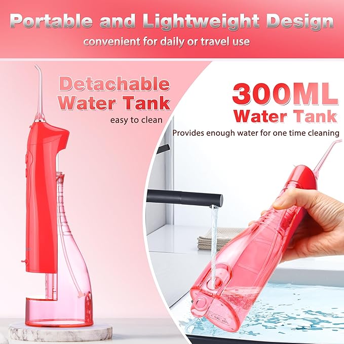 TOVENDOR Electric Water Flosser, Cordless Rechargeable Dental Oral Irrigator IPX7 Waterproof 300ML Travel Water Teeth Cleaner with 5 Tips for Braces Care Teeth Gums Cleaning, Home Office Daily Use