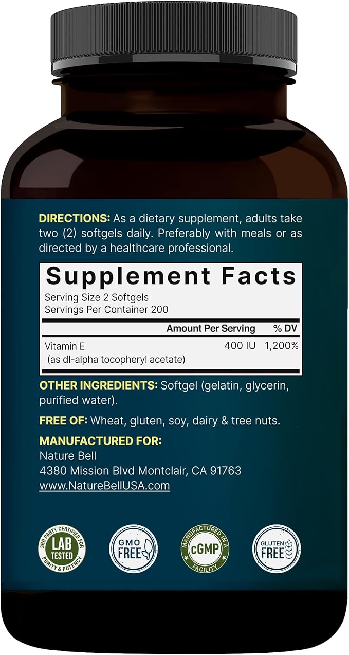 NatureBell Vitamin E Oil Softgels, 400iu Per Serving, 400 Pills | Essential Antioxidant Supplements, Easily Absorbed Form – Supports Skin, Heart, & Immune Health – Non-GMO